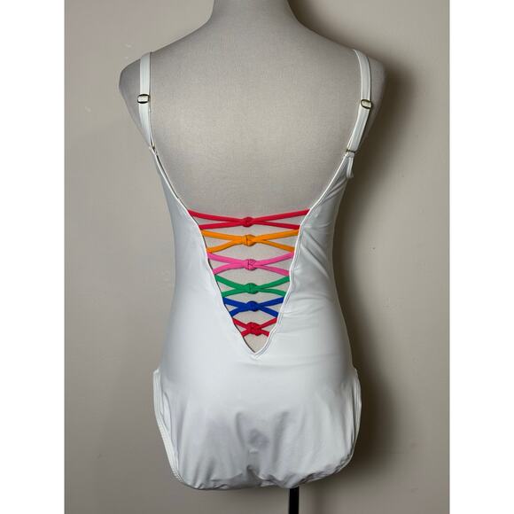 Bleu Rod Beattie One Piece Swimsuit Size 10 Plunge V-Neck White Colorful Rainbow - Picture 2 of 9